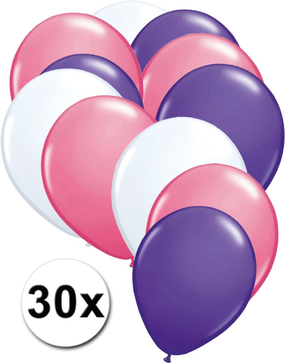 Ballonnen Wit, Roze & Paars 30 stuks 27 cm